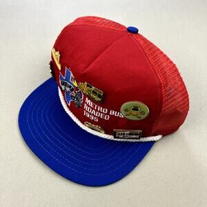 Vintage Texas Rodeo Hat Cap Snapback Trucker Red Metro Bus Cowboys Pins USA 90s